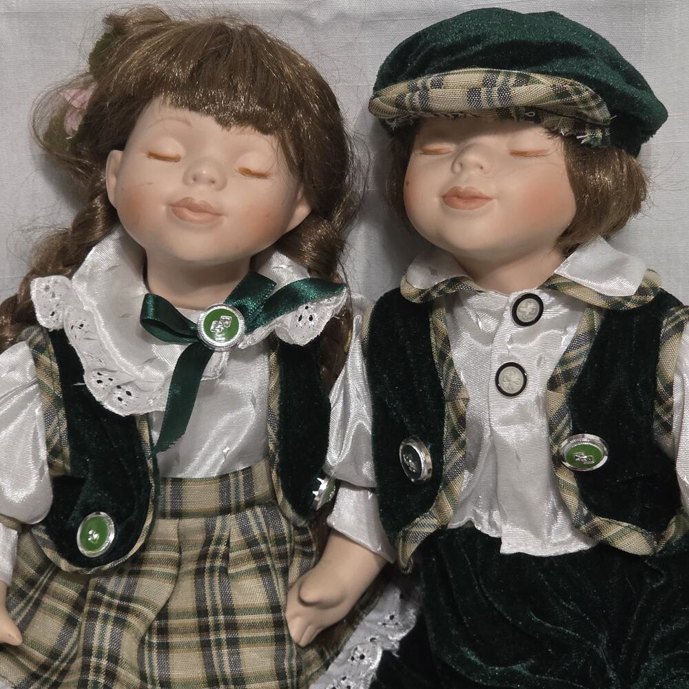 Vintage Collectible Porcelain Twin Dolls in Plaid and Blue Velvet Outfits